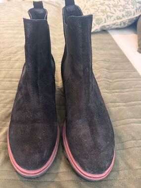 Women's Black Suede Chelsea Ankle Boots with Red Accent